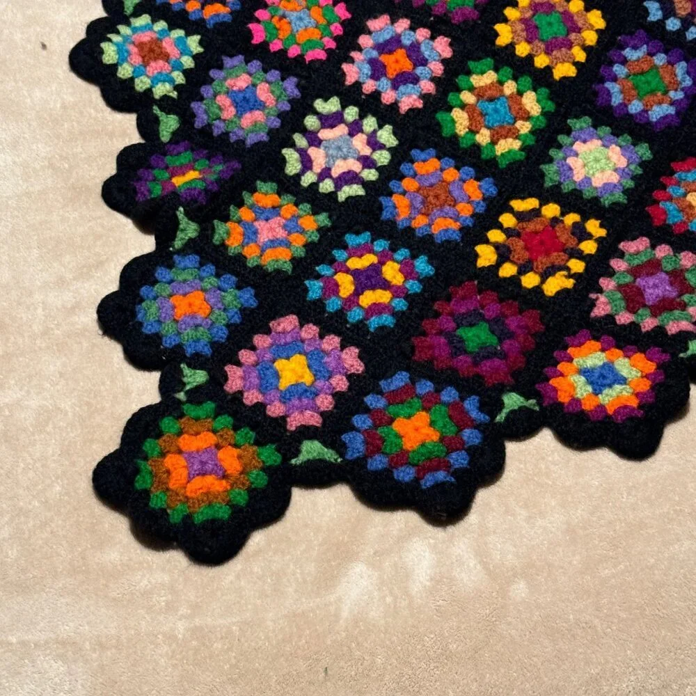 Vintage Hand Crocheted Granny Squares Quilt 63” x 50” black trim colorful vibran